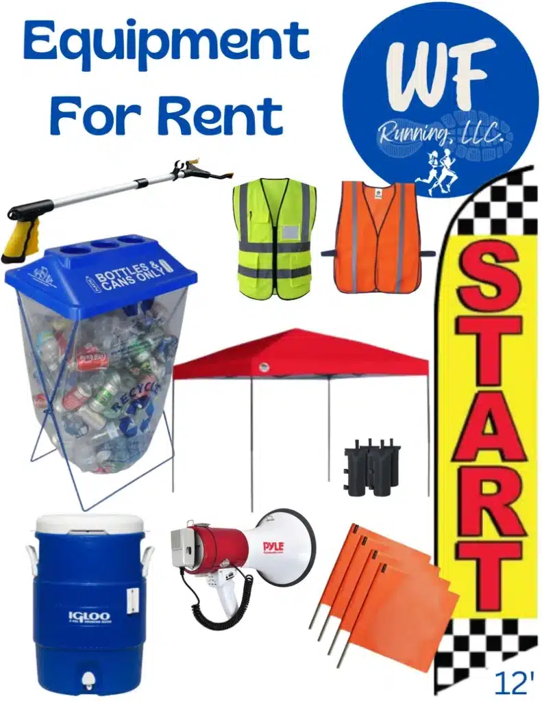 WF Running equipment for rent: canopy tent, cooler, traffic vests, cones, megaphone and a start-line flag